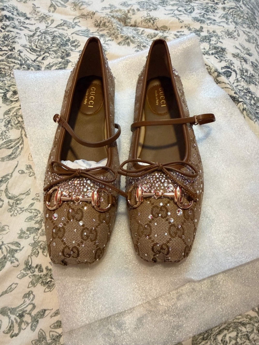Gucci Brown Crystal Horsebit Mary Jane Ballet Flats